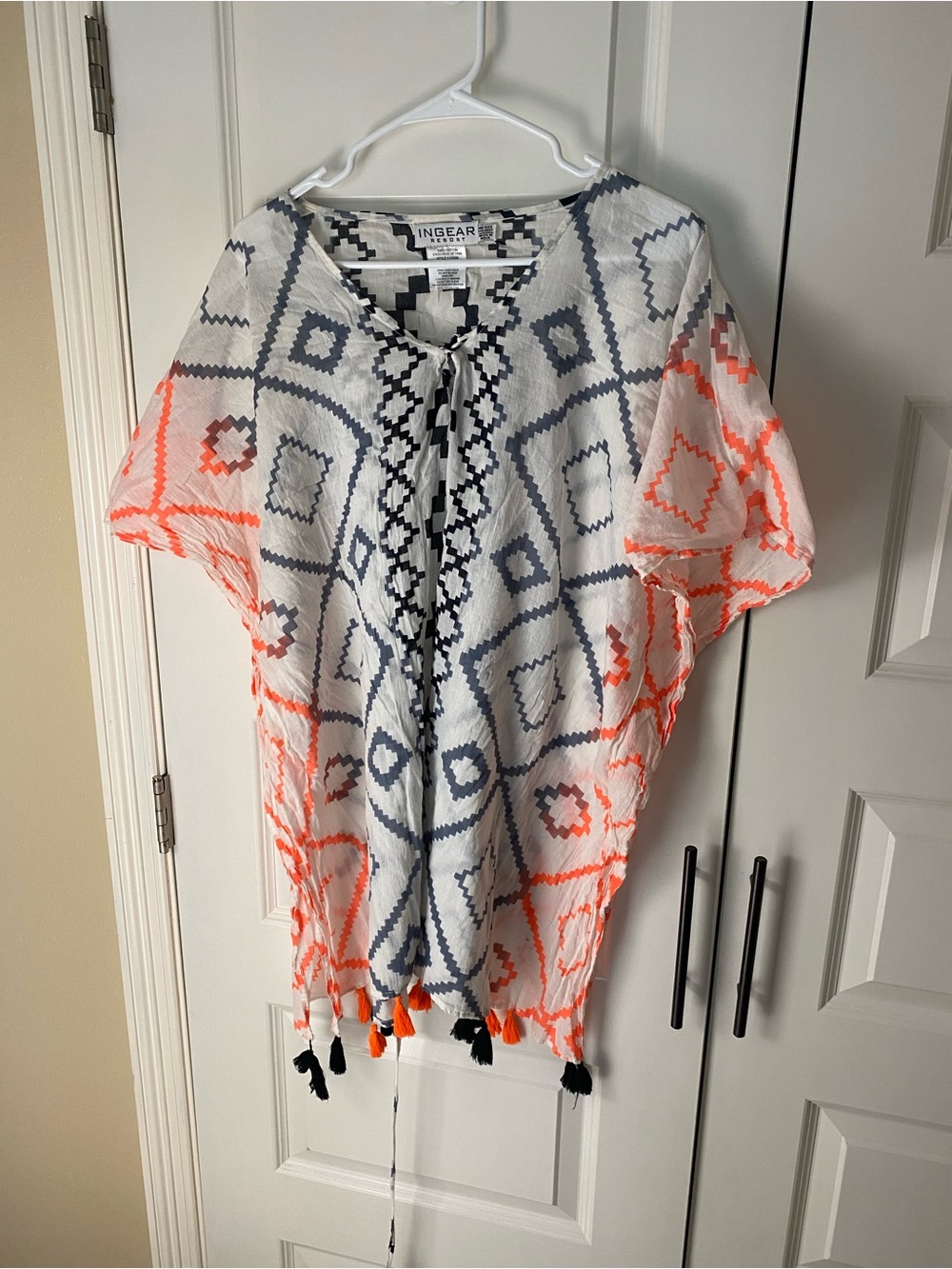 Ingear White Tunic with Navy Geometric Print and Neon Orange Accents